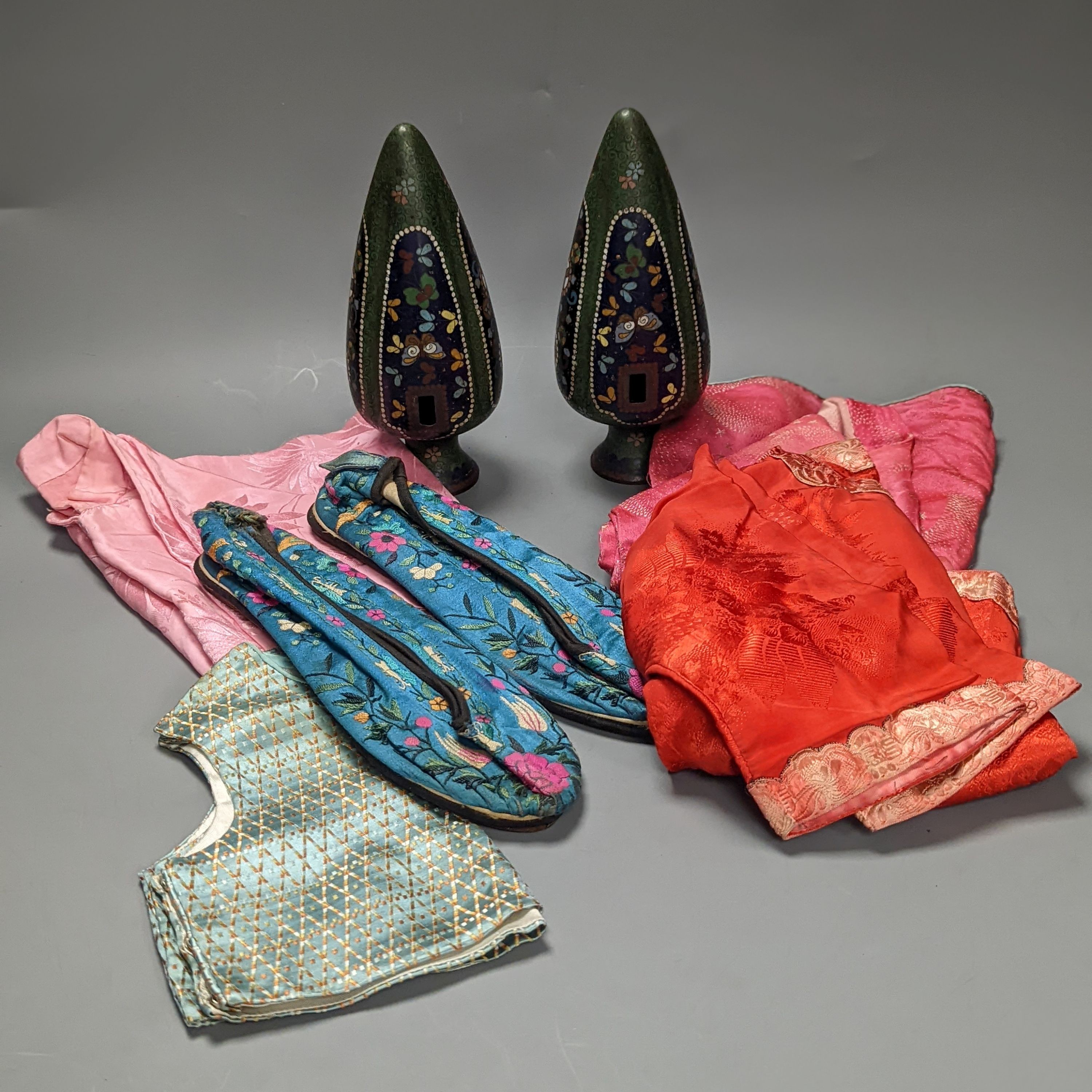 A pair of Japanese cloisonné enamel vases, Japanese slippers and other clothing